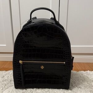 NWOT Tory Burch Black Croc-Embossed Mini Backpack with Gold Details